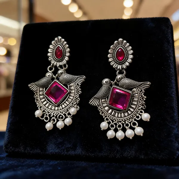 Silver_&_Red_Pearl_Drop_&_Dangle_Earrings_For_Women