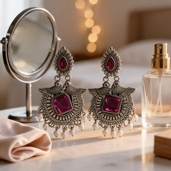 Silver_&_Red_Pearl_Drop_&_Dangle_Earrings_For_Women