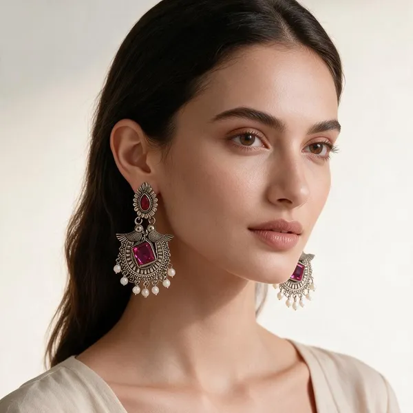 Silver_&_Red_Pearl_Drop_&_Dangle_Earrings_For_Women