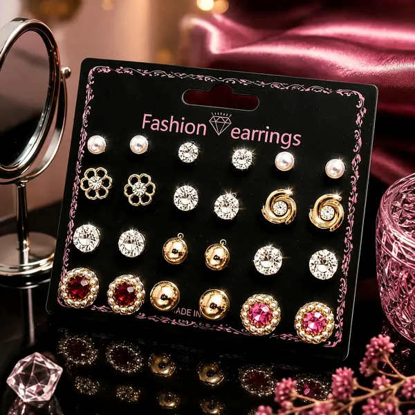 Green_Pearl_&_Crystal_Rhinestone_&_Alloy_Stud_Earrings_For_Women_(Pack_of_12_)