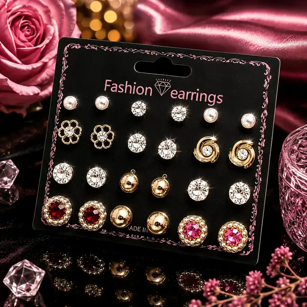 Green_Pearl_&_Crystal_Rhinestone_&_Alloy_Stud_Earrings_For_Women_(Pack_of_12_)