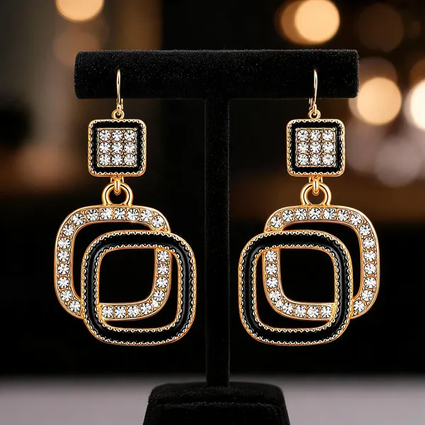 Gold_&_Black_Rhinestone_&_Alloy_Drop_&_Dangle_Earrings_For_Women