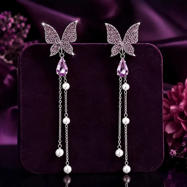 Purple_Pearl_&_Crystal_Rhinestone_&_Alloy_Drop_&_Dangle_Earrings_For_Women