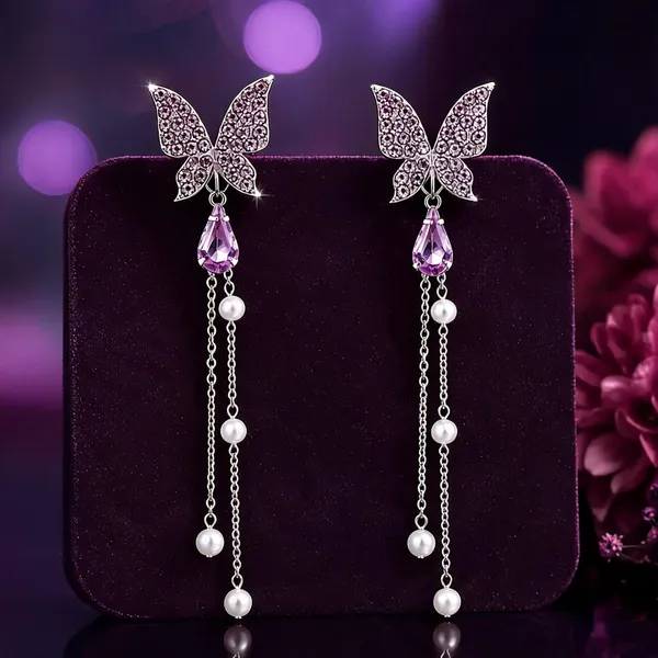 Purple_Pearl_&_Crystal_Rhinestone_&_Alloy_Drop_&_Dangle_Earrings_For_Women