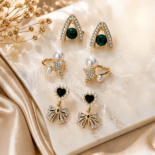 Gold_Pearl_&_Crystal_Rhinestone_&_Beads_&_Alloy_Earrings_For_Women_(Pack_of_3_)