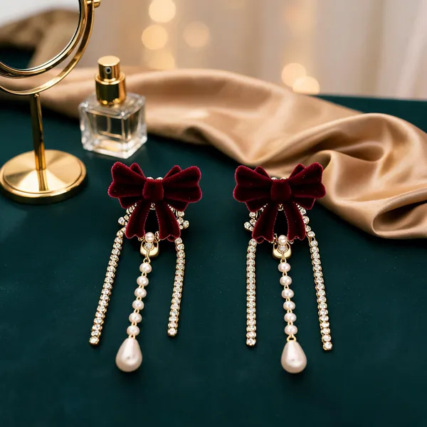 Red_&_Burgundy_Pearl_&_Beads_&_Velvet_&_Alloy_Earrings_For_Women