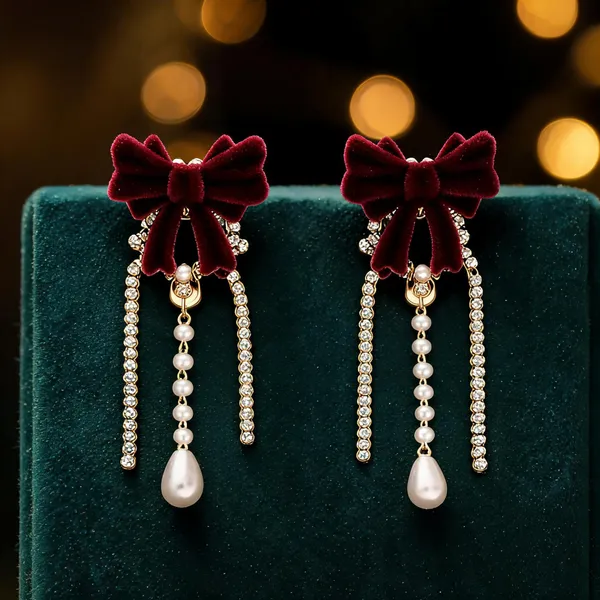 Red_&_Burgundy_Pearl_&_Beads_&_Velvet_&_Alloy_Earrings_For_Women