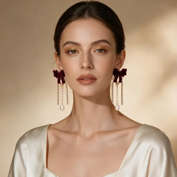 Red_&_Burgundy_Pearl_&_Beads_&_Velvet_&_Alloy_Earrings_For_Women