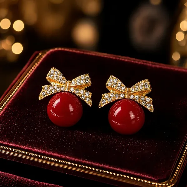 Gold_&_Red_Alloy_Stud_Earrings_For_Women