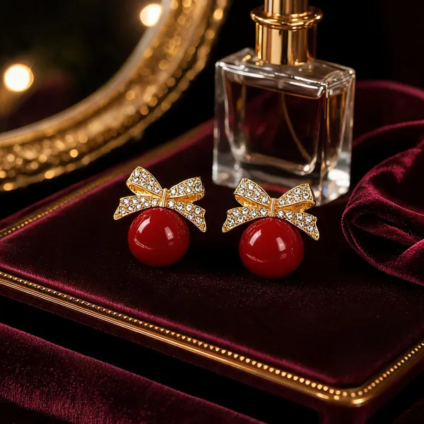 Gold_&_Red_Alloy_Stud_Earrings_For_Women