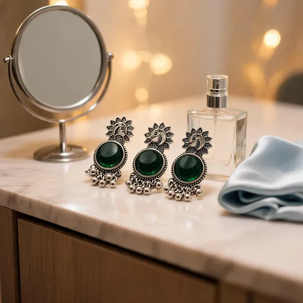 Silver_&_Green_Alloy_Drop_&_Dangle_Earrings_For_Women