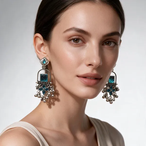 Silver_&_Blue_Alloy_Earrings_For_Women