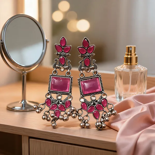 Silver_&_Pink_Alloy_Earrings_For_Women