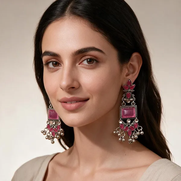 Silver_&_Pink_Alloy_Earrings_For_Women