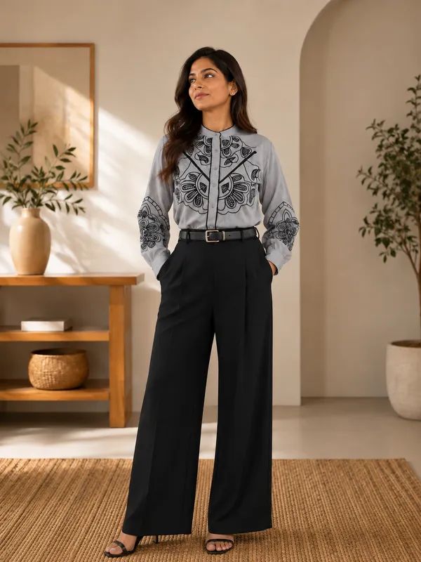 Grey_Blended_Printed_Shirt_And_Wide_Leg_Trousers_Set_For_Women