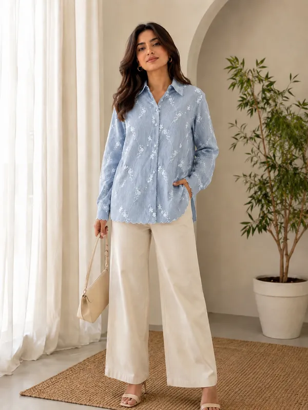 Light_Blue_Organza_Relaxed_Fit_Embroidered_Shirt_For_Women