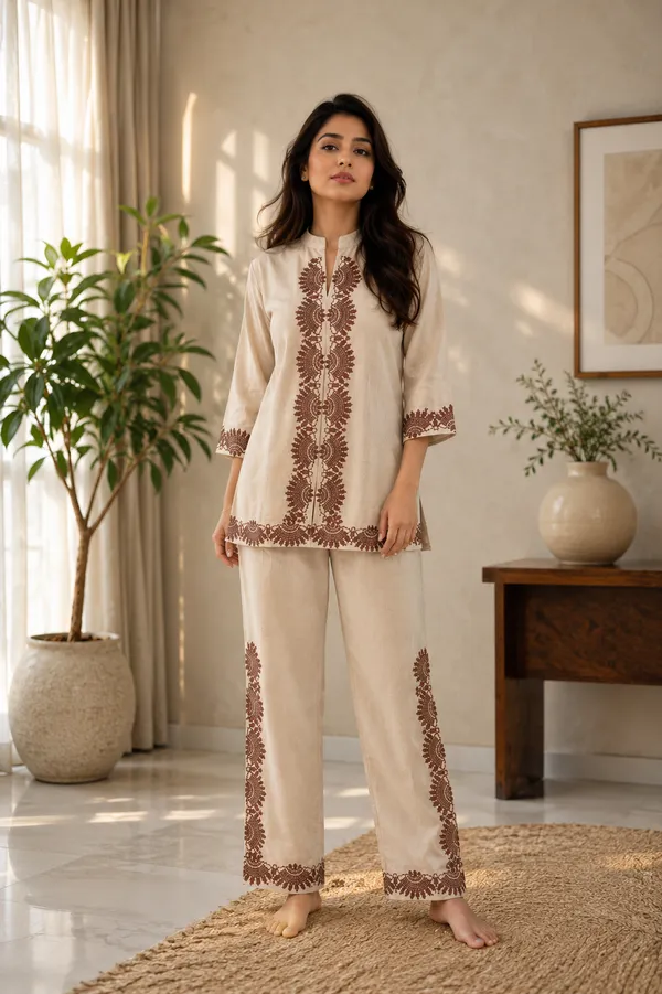 Cream_Linen_Cotton_Straight_Embroidered_Kurta_Set_For_Women