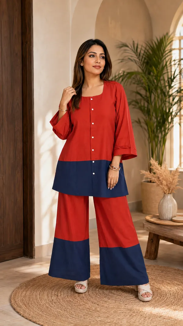 Red_And_Navy_Color_Block_Kurta_Palazzo_Set_For_Women