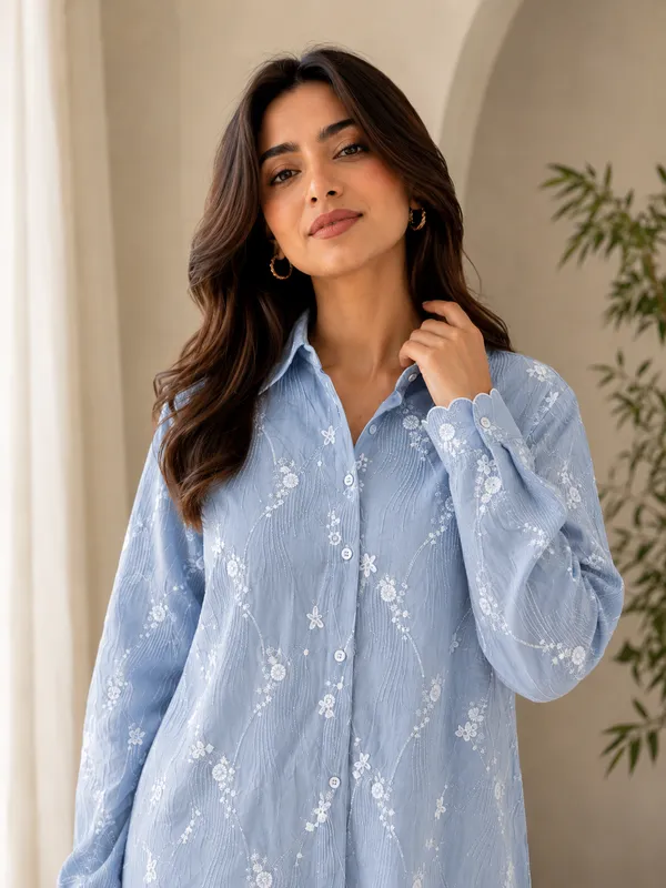 Light_Blue_Organza_Relaxed_Fit_Embroidered_Shirt_For_Women