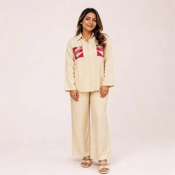 Cream_Linen_Cotton_Relaxed_Fit_Shirt_And_Trousers_Set_For_Women