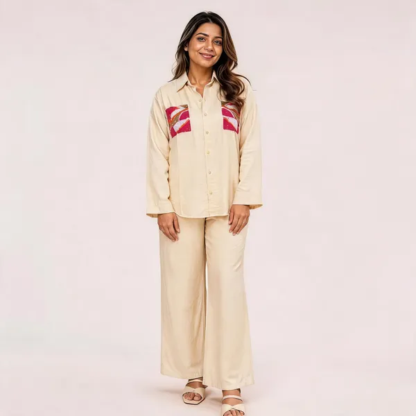 Cream_Linen_Cotton_Relaxed_Fit_Shirt_And_Trousers_Set_For_Women