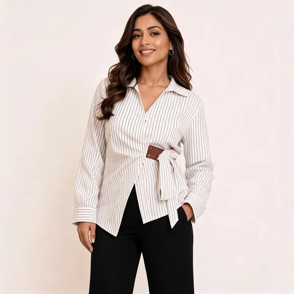 White_Cotton_Striped_Tie_Waist_Shirt_For_Women