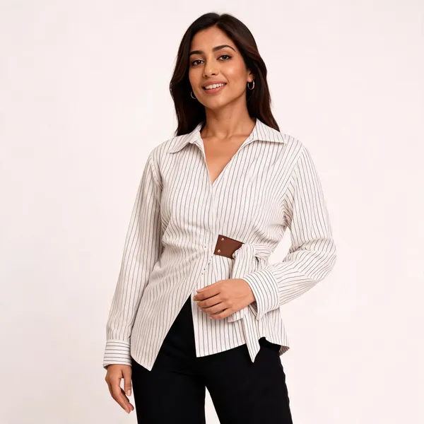 White_Cotton_Striped_Tie_Waist_Shirt_For_Women