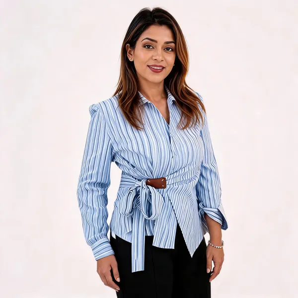 Blue_Cotton_Wrap_Style_Striped_Top_For_Women