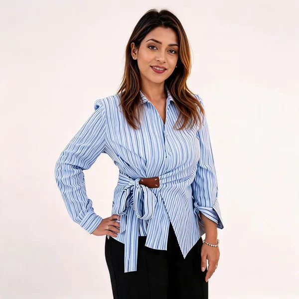 Blue_Cotton_Wrap_Style_Striped_Top_For_Women