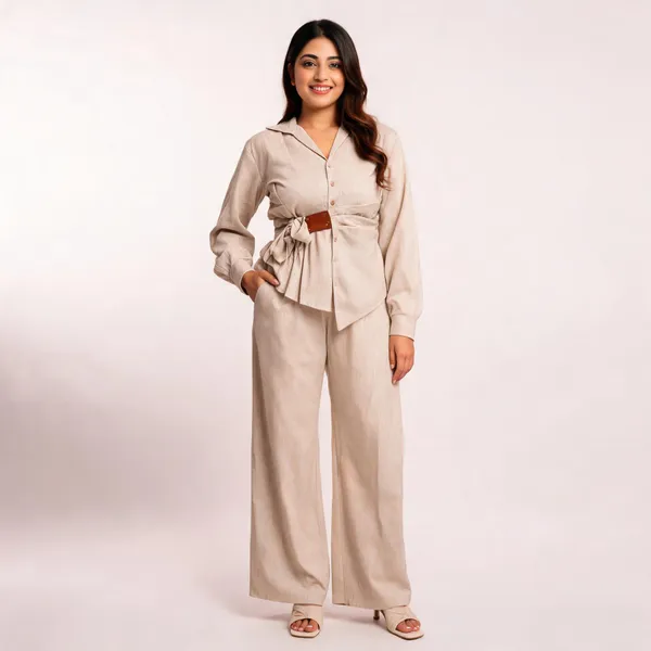 Beige_Linen_Cotton_Relaxed_Fit_Shirt_And_Wide_Leg_Trouser_Set_For_Women