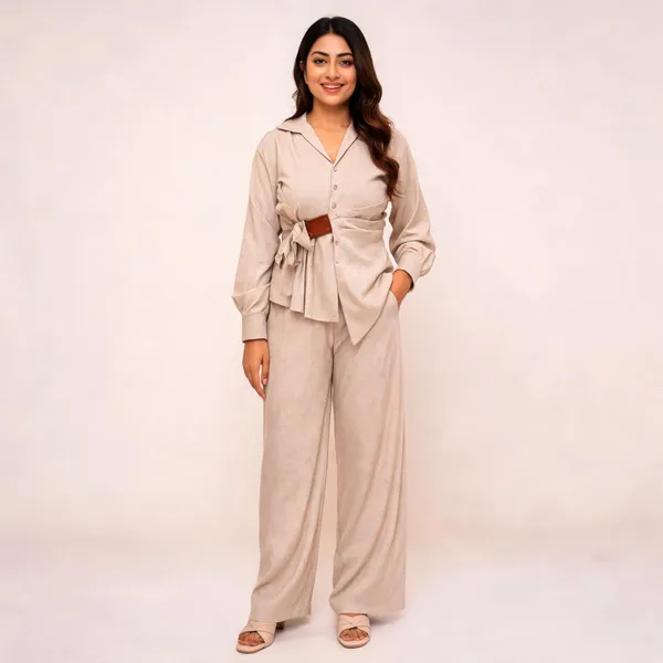 Beige_Linen_Cotton_Relaxed_Fit_Shirt_And_Wide_Leg_Trouser_Set_For_Women