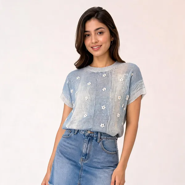 Light_Blue_Knitted_Relaxed_Fit_Floral_Top_For_Women