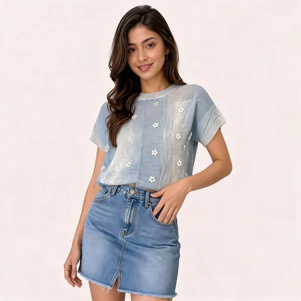 Light_Blue_Knitted_Relaxed_Fit_Floral_Top_For_Women