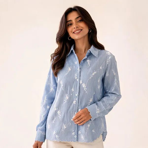 Light_Blue_Organza_Relaxed_Fit_Embroidered_Shirt_For_Women