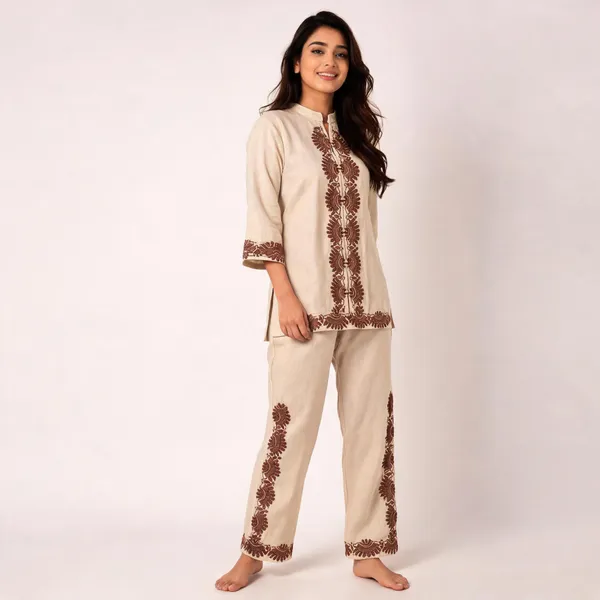 Cream_Linen_Cotton_Straight_Embroidered_Kurta_Set_For_Women