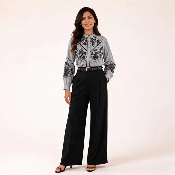 Grey_Blended_Printed_Shirt_And_Wide_Leg_Trousers_Set_For_Women