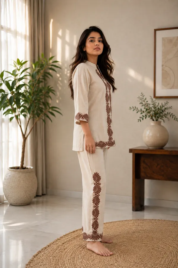 Cream_Linen_Cotton_Straight_Embroidered_Kurta_Set_For_Women