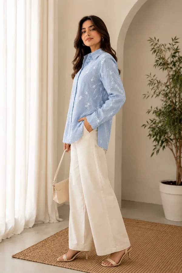 Light_Blue_Organza_Relaxed_Fit_Embroidered_Shirt_For_Women