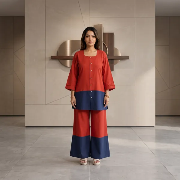 Red_And_Navy_Color_Block_Kurta_Palazzo_Set_For_Women