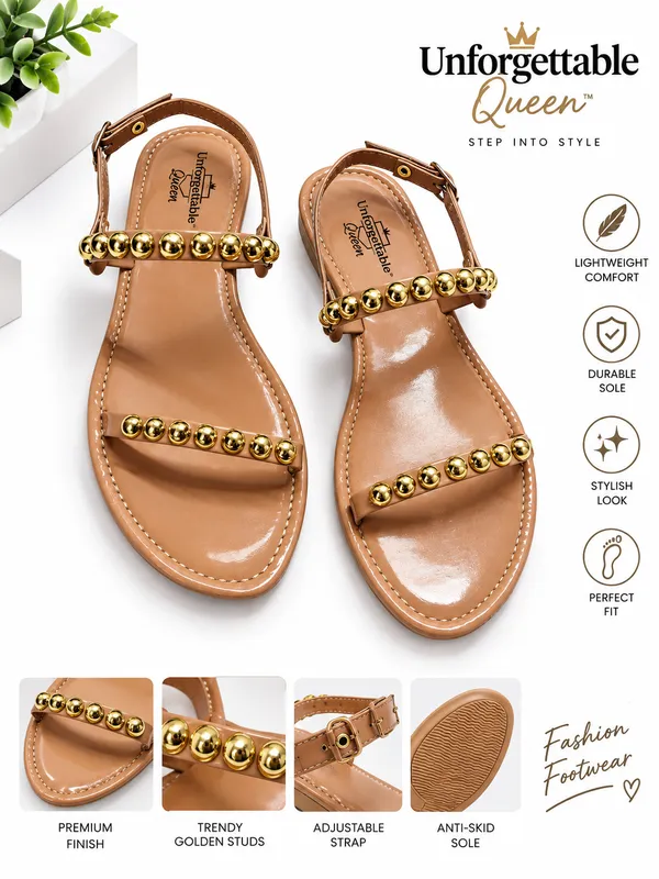 Beige_Gold_Baton_Flat_Sandals_For_Women