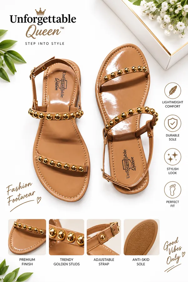 Beige_Gold_Baton_Flat_Sandals_For_Women