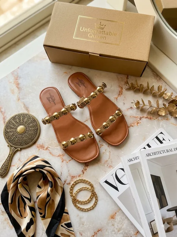 Tan_Synthetic_Leather_Studded_Flat_Sandals_For_Women