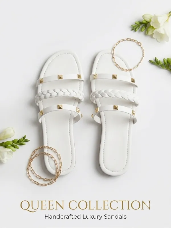 White_Softy_Napa_Studded_Braided_Flat_Sandals_For_Women