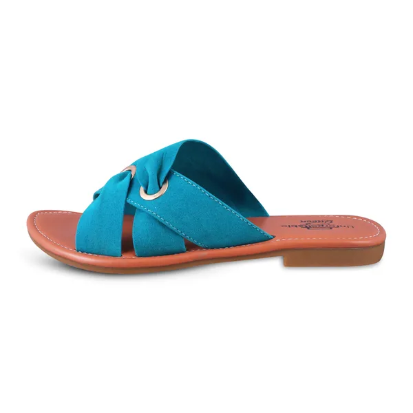 Brown_And_Teal_Velvet_Cross_Strap_Flat_Sandals_For_Women
