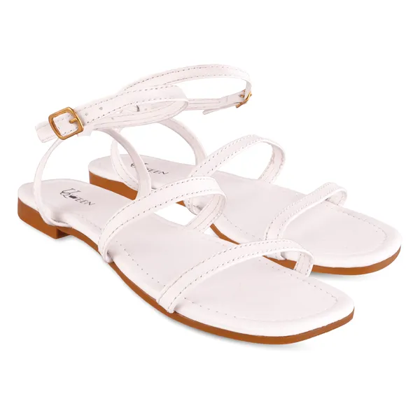 White_Canvas_Ankle_Strap_Flat_Sandals_For_Women