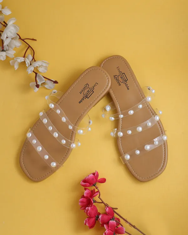 Beige_Transparent_Pearl_Embellished_Flat_Sandals_For_Women