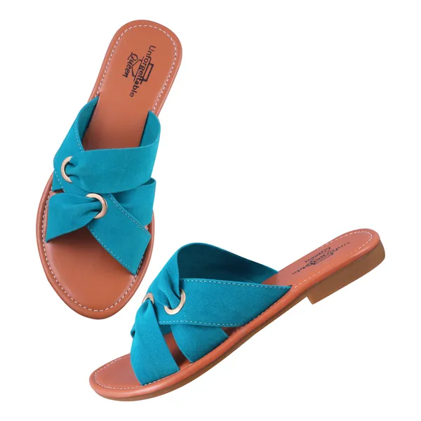Brown_And_Teal_Velvet_Cross_Strap_Flat_Sandals_For_Women