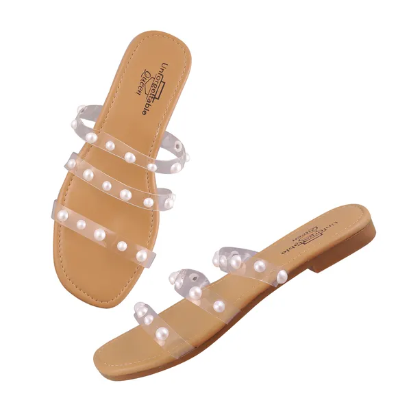 Beige_Transparent_Pearl_Embellished_Flat_Sandals_For_Women