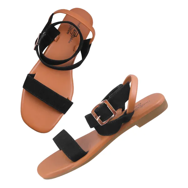 Brown_And_Black_Velvet_Strappy_Flat_Sandals_For_Women