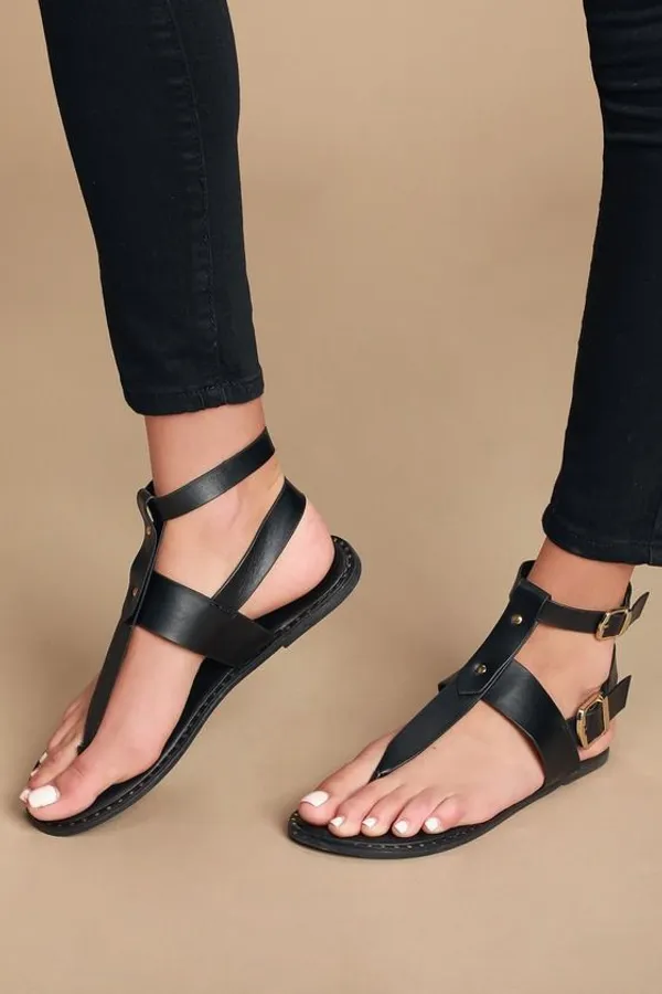 Black_Synthetic_Leather_Strappy_Flat_Sandals_For_Women
